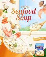 Instant creamy seafood soup ad. 3d illustration of seafood ingredients falling in a cup of ready made hot cream soup on home background vector