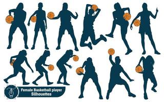 Black and white female Basketball Player Silhouettes vector