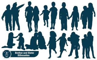 Collection of Brother and Sister Silhouettes in different poses set vector