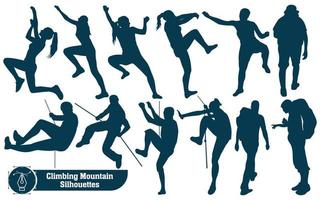 Collection of Climbing in mountains silhouettes in different poses vector