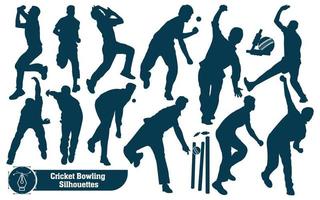 jugador de cricket siluetas de bolos en diferentes poses vector