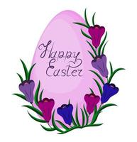 Greeting Easter card with the inscription Happy Easter. Lovely multicolored crocuses around the egg. Beautiful spring crocus flower. Vector illustration