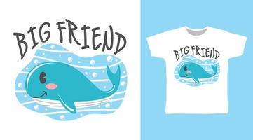 vector de diseño de tipografía de gran amigo con linda ilustración de ballena lista para imprimir en tee