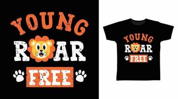 tipografía de diseño elegante de camiseta para niños sin rugido joven con ilustración de león sobre fondo negro vector