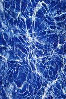 Defocus blurred transparent blue colored clear calm water surface texture with splashes and bubbles. Trendy abstract nature background. Water waves in sunlight with caustics. Blue water shinning photo