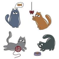 A set of cute colored cat characters with a black outline, doodle style, isolated vector illustration