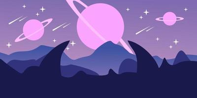 paisaje fondo colinas montañas con rocas y planetas con estrellas vector ilustración