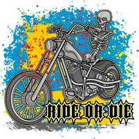 motociclista, esqueleto en motocicleta, camisetas de diseño vintage grunge vector