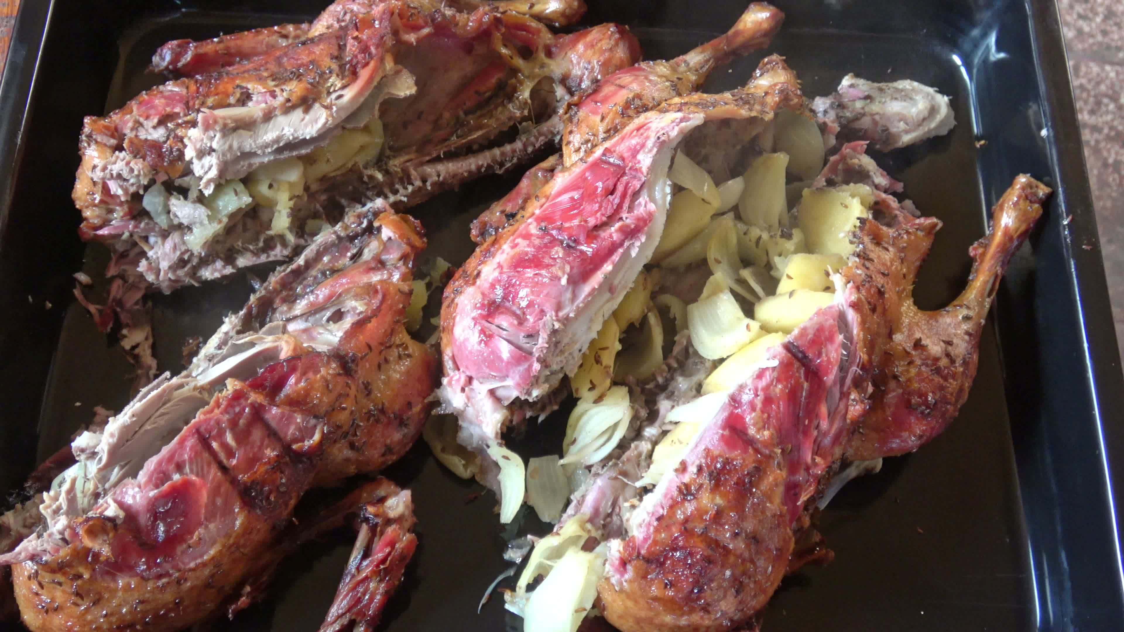 Crispy roasted duck in in roasting pan ready for serving 17101441 Stock Video at Vecteezy