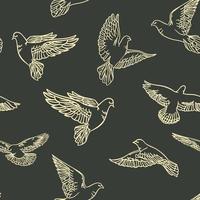 Seamless pattern with painted doves on a dark background. Vector illustration