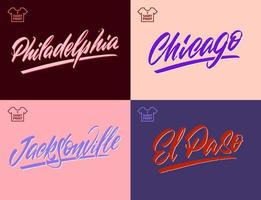 Letras de pincel manuscritas antiguas de las ciudades de América. chicago, filadelfia, el paso, jacksonville. ilustración vectorial vector