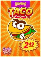 Monster menu with Mexican tacos. Vertical banner with price tag for Fast food cafe for Halloween day. Vector illustration.