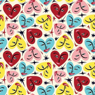 Valentines Day pattern with ugly funky hearts. Groovy cute love characters
