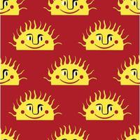 Funny sun with a lovely face seamless pattern. Freaky quirky sun in modern doodle style. Vector illustration