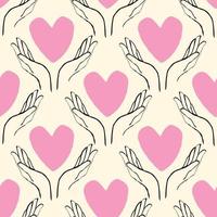 heart with hands seamless pattern in modern doodle style vector