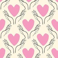 heart with hands seamless pattern in modern doodle style vector