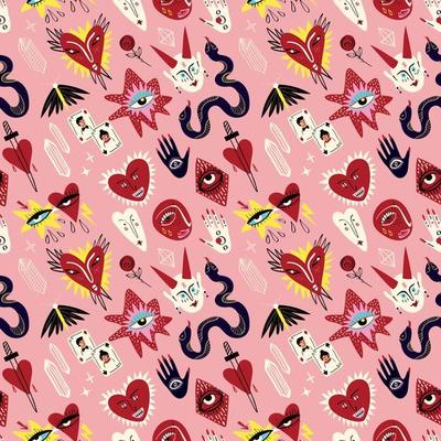 ugly Valentine pattern. Bizarre funky pattern for Valentines Day in doodle style