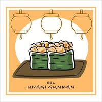 un juego de sushi gunkan maki con anguila ahumada. unagi maki roll ilustración con fondo oriental. vector