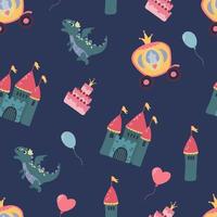 Seamless pattern with castle and dragon. Design for fabric, textile, wallpaper, packaging. vector