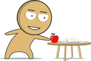 hombre en la cocina con una manzana en la mano vector