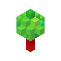 Isometric tree on a white background made of colored plastic blocks. The children s designer. Vector illustration.