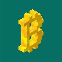 Isometric bitcoin sign assembled from plastic blocks. Vector illustration.