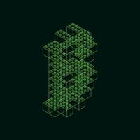 Bitcoin sign, a green symbol on a dark background imitating an old computer screen. Vector illustration
