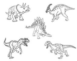 Set of linear sketches of dinosaurs for coloring pages isolated on white background. Stegosaurus, Triceratops, Raptor, Allosaurus, Hadrosaurus. Vector clipart