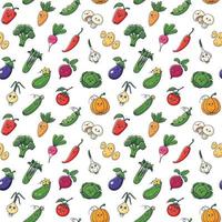 Vegetables seamless pattern with kawaii characters on white background. Perfect for vegan, vegetarian, wallpaper, food backdrop, fabric, wrapping paper, textile. Cartoon vector illustration.
