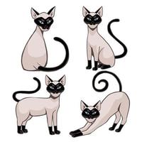 divertido gato siamés de dibujos animados con 4 poses diferentes vector
