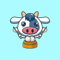 Illustration of cute cow cartoon mascot is eating dim sum vector