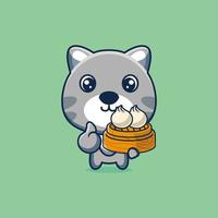 Illustration of cute cat cartoon mascot is eating dim sum vector