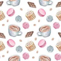 Seamless pattern with coffee, marshmallows, cookies, watercolor vector