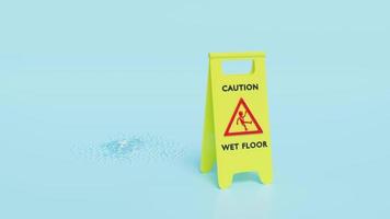 precaución piso resbaladizo o mojado precaución señal de plástico con área húmeda aislada sobre fondo azul. símbolo de advertencia, techo con goteras, animación 3d video