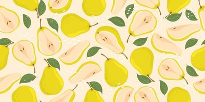 Pears seamless pattern. Fruit flat repeat background. Vector illustration in cartoon flat style.