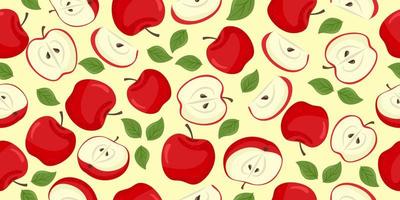 Red apple seamless pattern. Fruit flat repeat background. Vector illustration in cartoon flat style.