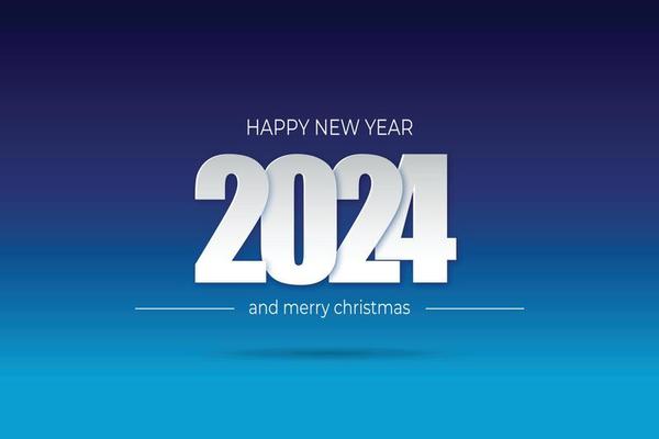 Happy new year 2024 white numbers paper cut style on a blue background vector illustration