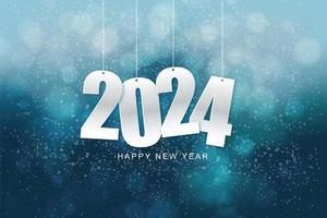 Happy new year 2024. Hanging white paper number with confetti on a colorful blurry background. Illustration for the festive New Year 2024 vector