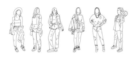 A group of stylish female students posing in youth clothing. Linear style. Vector illustration.