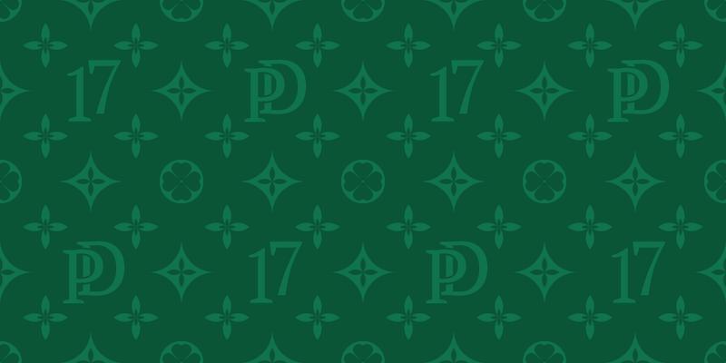 St. Patrick s Day vector seamless pattern, background from green four-leafed numbers 17, abbreviation PD. Vector illustration