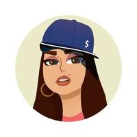 Colored avatar of a female rapper in flat style for printing, account design. Vector illustration