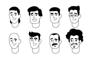 Set of black and white male avatars in cartoon style for printing and design. Vector illustration.