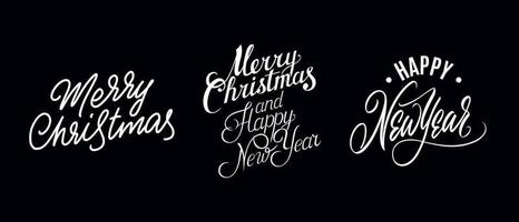 A set of headers for the celebration of the New Year and Merry Christmas in the style of lettering on a black background for printing and design. Vector illustration.