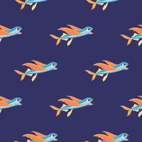 Cartoon pattern of flying fish on a blue background for printing and design.Vector illustration. vector