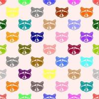 Pattern of hand drawn colorful raccoons on a beige background for print and design. Vector illustration.