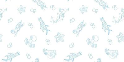 Pattern of doodle cartoon fish and animals on a white background for printing and design.Vector illustration. vector