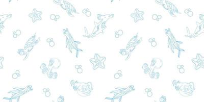 Pattern of doodle cartoon fish and animals on a white background for printing and design.Vector illustration. vector