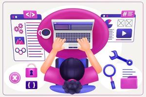 3d illustration of woman doing coding and programming on her laptop vector