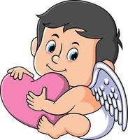 The cute cupid is hugging a big love and looking at camera vector