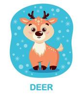 Educational Card With Deer, Reindeer And Caption. An Image Of A Wild Beast Of The Arctic In A Cartoon Cute Style For Children. Drawn, Cute Animals For Kids. Blue Background With Snowflakes vector